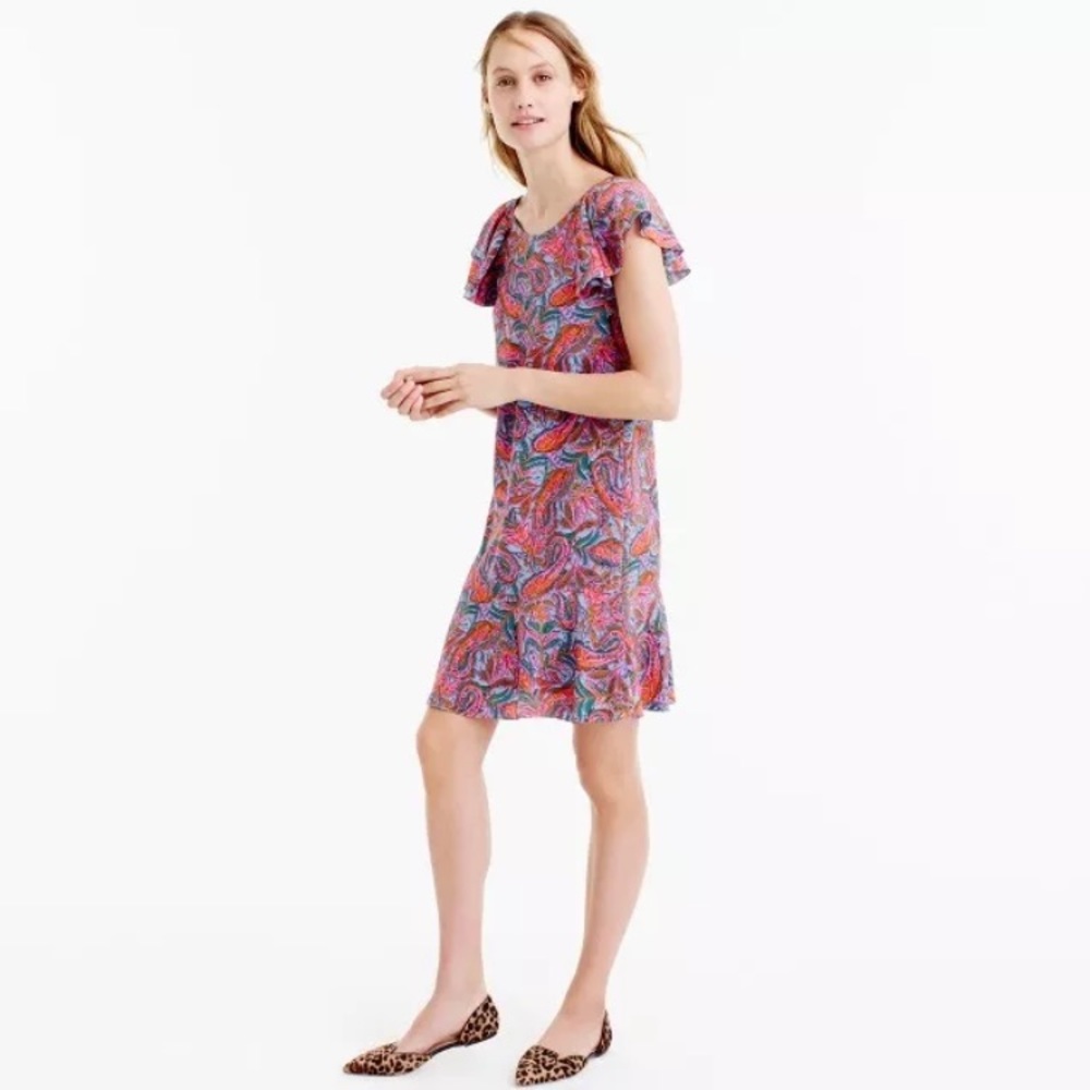 J.CREW Vibrant Paisley Silk Flutter Sleeve Dress